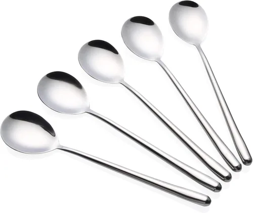 Vista 4 de Cuchara de sopa coreana de mango largo, paquete de 5, cucharas de bar largas, plata, juego de 5