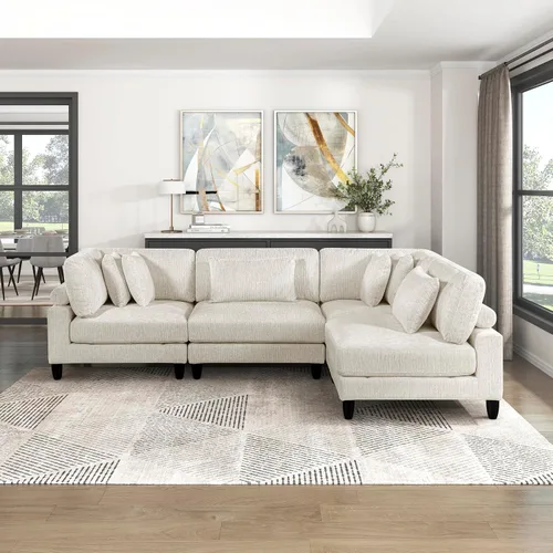 Vista 7 de Lexicon Sofá modular de 120 pulgadas, sofá modular de microfibra de gran tamaño de 4 plazas en forma de L, 6 almohadas decorativas y arreglo Beige