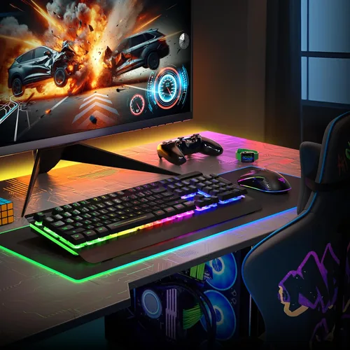 Vista 2 de RisoPhy Combo de teclado y mouse inalámbricos para juegos, panel de metal, retroiluminación de 7 colores, batería recargable de 3200 mAh