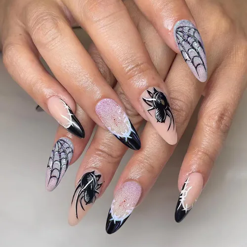 Vista 39 de Uñas postizas a presión medianas con diseño geométrico blanco almendra – 24 uñas postizas reutilizables de ABS brillante, fácil de aplicar, juego