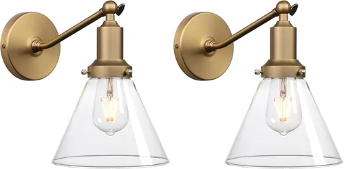 Vista 21 de PERMO Industrial Vintage Slope Pole Wall Mount Single Sconce with 6.7" Oval Dome Clear Glass Shade Antique Gold Wall Sconce Light Fixture