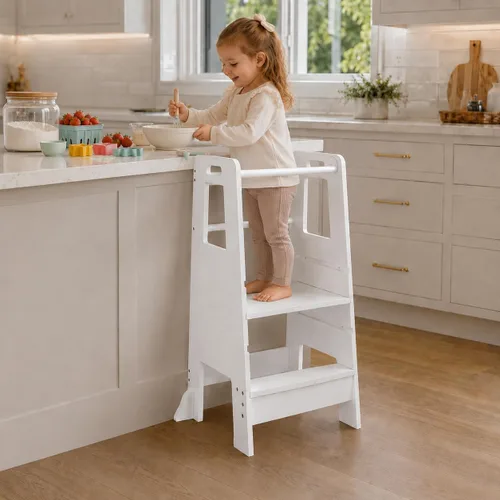 Vista 9 de Taburete de cocina para niños pequeños, ayudante de pie de madera ajustable de 3 niveles con barandilla, taburete de cocina para niños para cocinar