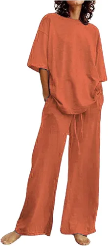 Vista 27 de Conjuntos de verano de 2 piezas para mujer, conjuntos elegantes y casuales de color liso, para verano, otoño, cuello redondo, tops y pantalones