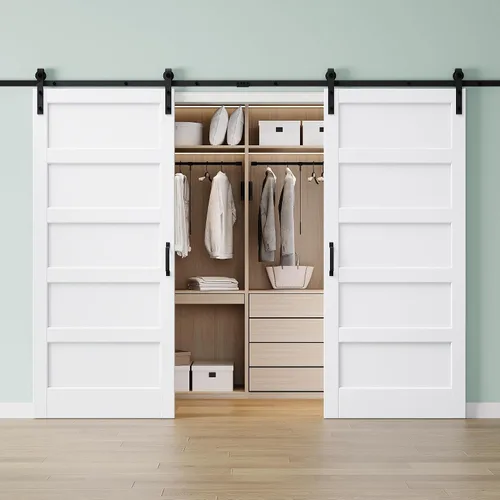 Vista 29 de 30"x84" 1-Lite Double Side Mirror Barn Door Slab with 6FT Track Kit, Handle White / 1-Lite Double Side Mirror