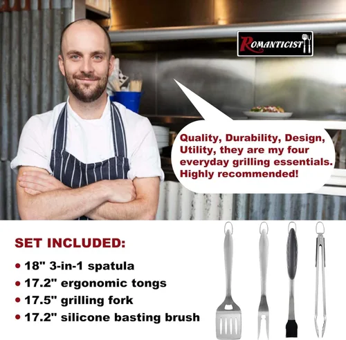 Vista 2 de ROMANTICIST 4 piezas de accesorios de parrilla resistentes para Top Chef - Juego de herramientas de parrilla profesional y herramientas básicas