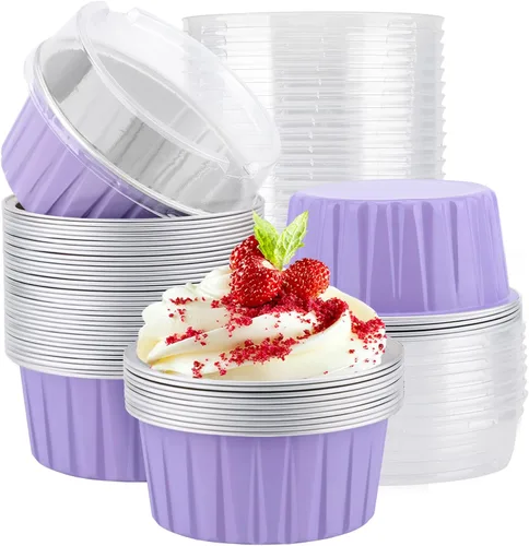 Vista 20 de EUSOAR Tazas de aluminio para hornear, paquete de 30 tazas de 5 onzas para cupcakes con tapas, moldes de pastel de 4.2 fl oz, flanes de postres