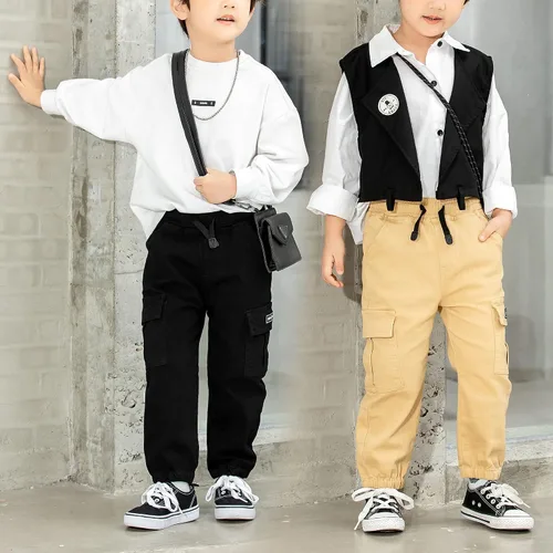 Vista 2 de Pantalones para niño pequeño, paquete de 2 pantalones de meter negro beige (Black+beige)