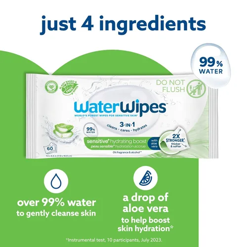 Vista 4 de WaterWipes Toallitas Sensibles+ Impulso Hidratante, 3-En-1 Limpia, Cuida, Hidrata, 99% de Agua con Aloe Vera, Toallitas para Bebé Sin Perfume