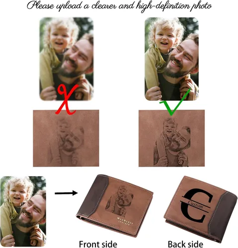 Vista 9 de INBLUE Billetera plegable grabada personalizada, cartera de cuero personalizada con foto y texto grabado, regalos para hombres, marido, papá, hijo
