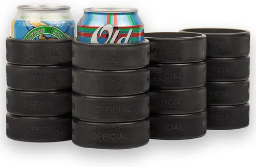 Vista 8 de Enfriador de latas de cerveza hecho de 4 discos de hockey sobre hielo reales, soporte aislado de 12 onzas para regalos de papá de hockey