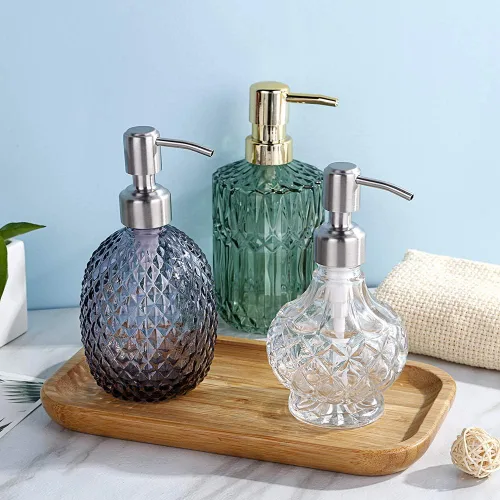Vista 4 de YunNasi Dispensadores de jabón de vidrio con bomba, diseño de cristal, vintage y elegante, dispensadores de jabón líquido recargables para encimera