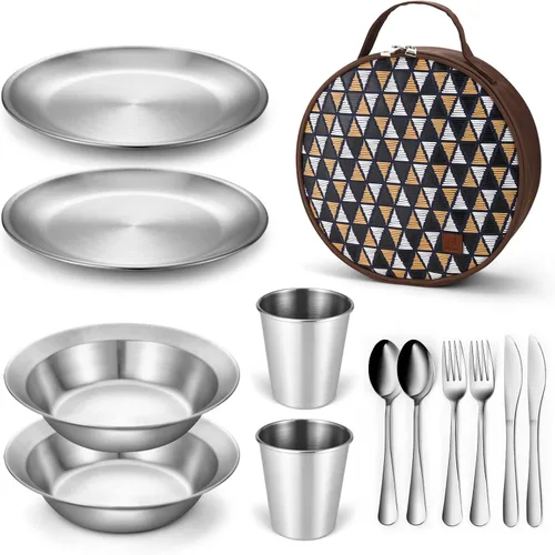 Vista 9 de Odoland Juego de utensilios de cocina de acero inoxidable para acampar para familia y persona, cubiertos de vajilla de cocina con platos, tazones