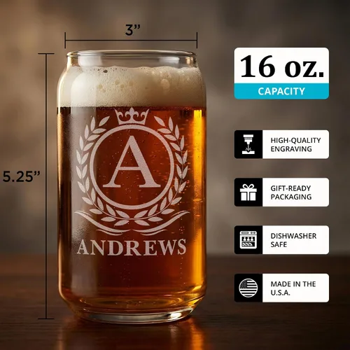 Vista 4 de Vaso de cerveza personalizado para hombres, vaso de cerveza personalizado de 16 onzas (4 diseños), nombre grabado y diseño de monograma inicial