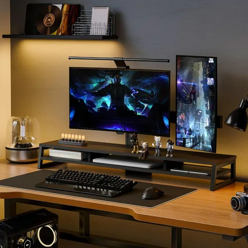 Vista 9 de Fenge Soporte de monitor doble para escritorio, elevador de monitor grande de 42.5 pulgadas para 2 monitores, estante superior de escritorio