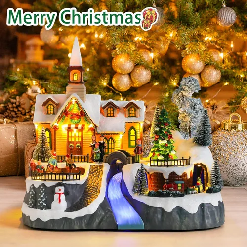 Vista 6 de DREAM GARDEN Casa de pueblo de Navidad, iglesia iluminada con tren en movimiento y árbol de Navidad, funciona con pilas, edificios musicales