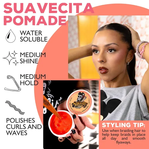 Vista 7 de Suavecita - Pomada para mujer, lata de 2.3 onzas, sujeción media, alto brillo, a base de agua, sin escamas como la cera, peinados de gel sin cabello