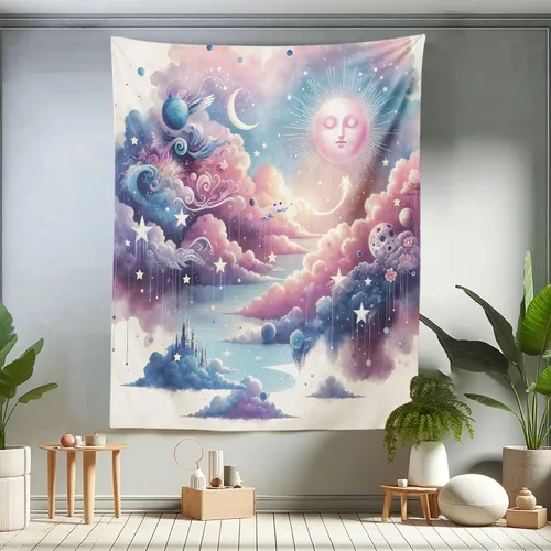 Vista 97 de Ambesonne Tapiz Trippy, vista panorámica de la cascada con bosques de ensueño y mandala oriental psicodélico, decoración de tela para colgar