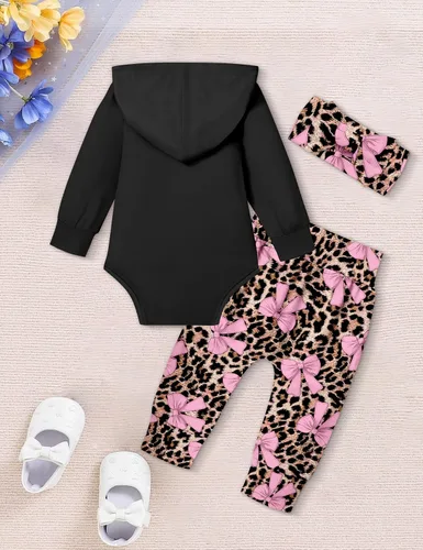 Vista 7 de KANGKANG Conjunto de sudadera con capucha y pantalones de manga larga para bebé recién nacida, para otoño e invierno Blace- Leopardo- Arco