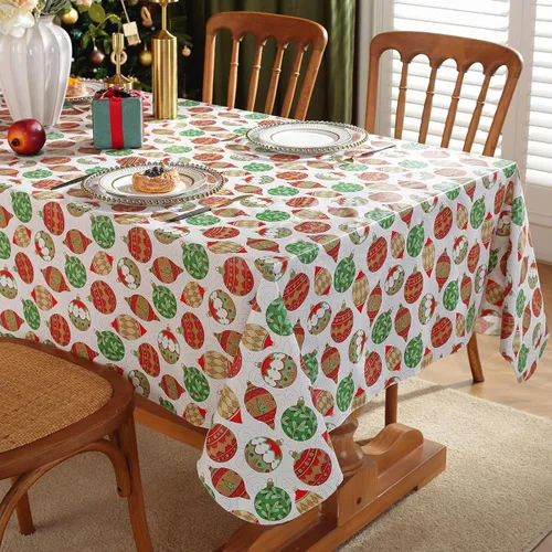 Vista 3 de Mantel de Navidad de vinilo con reverso de franela, rectangular, 52 x 70 pulgadas, patrón de bolas de Navidad, 100% impermeable, mantel de plástico