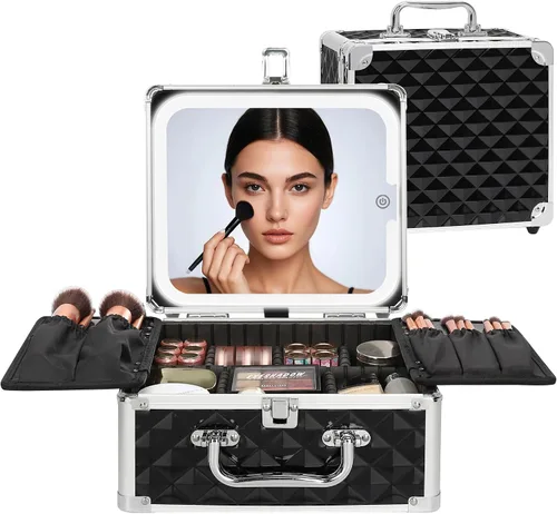 Vista 16 de Relavel - Bolsa de maquillaje con espejo LED, estuche de maquillaje para viajes en tren con espejo iluminado recargable y divisores ajustables Negro