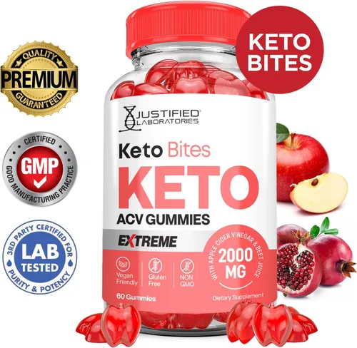 Vista 2 de Keto Bites Keto ACV Gummies Fórmula Extrema 2000 mg Vegano Sin OGM con Jugo de Granada Raíz de Remolacha B12 60 Gummys