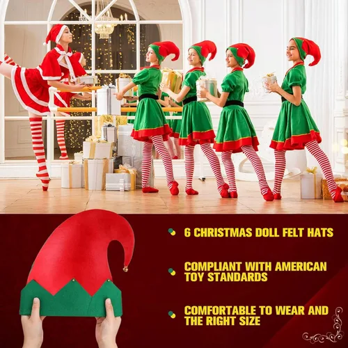 Vista 5 de Yaomiao 12 sombreros de fieltro de elfo de Navidad, sombreros de elfo verde y rojo a granel con campana, sombrero de Papá Noel para fiestas