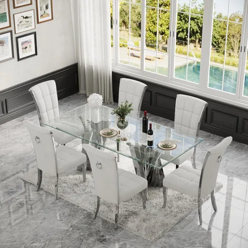 Vista 4 de Mesa de comedor de cristal, mesa de cocina rectangular plateada de Plateado