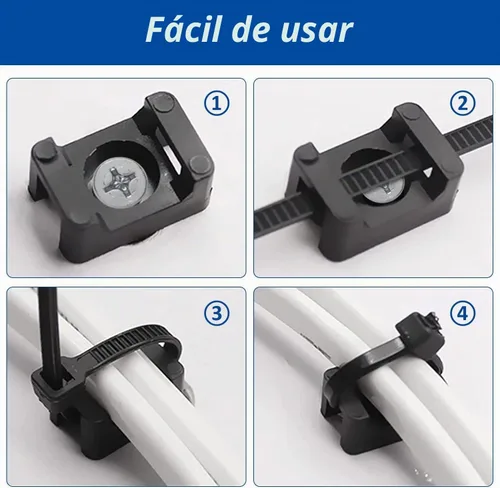 Vista 4 de Kit de soportes para bridas de cables, juego de 60 soportes organizadores de clips de cable de alambre con bridas de cables de 8 pulgadas, base