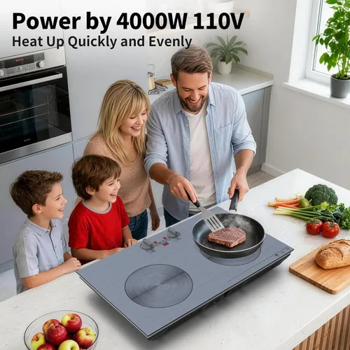 Vista 3 de GIHETKUT Placa de inducción de 2 quemadores, placa de inducción de 110 V 4000 W con panel cepillado, control de perilla, 9 niveles de potencia