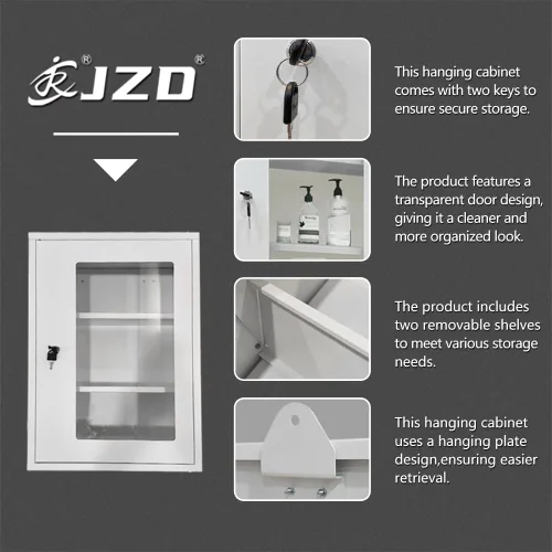 Vista 4 de JZD Gabinete de primeros auxilios de pared de metal con cerradura, caja de medicina con ventana acrílica bloqueable (no de vidrio), incluye 2