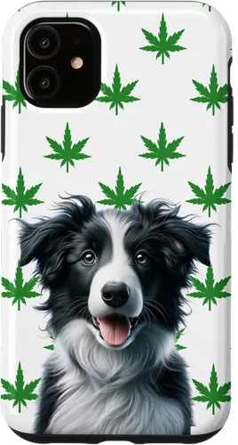 Vista 5 de iPhone 15 Black Border Collie Hemp Leaf Green & White Pattern Case