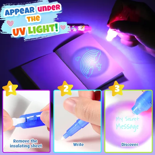 Vista 4 de GIFTINBOX Bolígrafo de tinta invisible con luz UV para niños, 12 bolígrafos espía para fiestas para niños de 8 a 12 años, marcador mágico