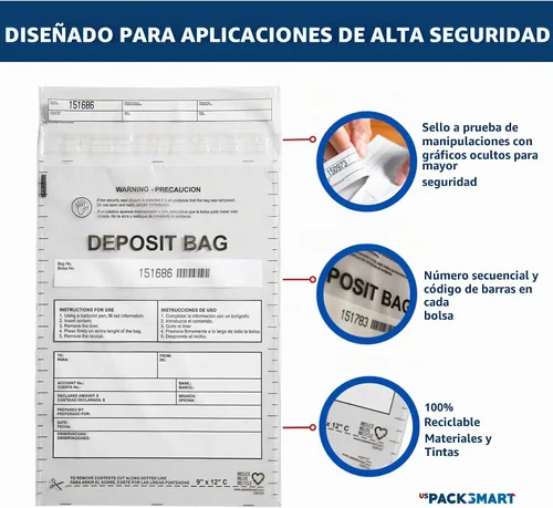 Vista 3 de Bolsas de plástico transparente de 9 x 12 pulgadas Depósitos bancarios seguros, manejo de efectivo o transporte seguro de divisas Códigos
