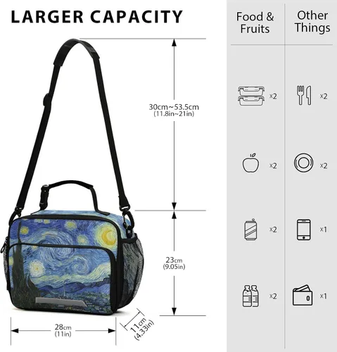 Vista 2 de Vangogh - Lonchera para niños con diseño de noche estrellada, organizador de doble aislamiento, impermeable y reutilizable, bolsa de comida