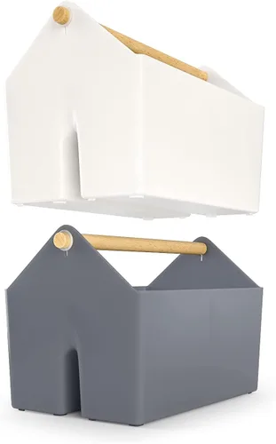 Vista 5 de ARTEZA Organizador portátil de plástico para manualidades, paquete de 2, gris y marfil, cesta de plástico de 3 secciones con asa, organizador