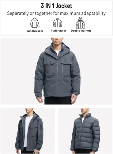 Vista 2 de Men's 3 in 1 Waterproof Winter Jackets Ski Warm Snow Rain Coat Puffer Liner Hood Windbreaker