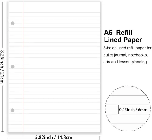 Vista 2 de Papel de relleno A5, repuestos para planificador de 3 agujeros, organizador, papel de carpeta de hojas sueltas, 100 hojas/200 páginas, rayado
