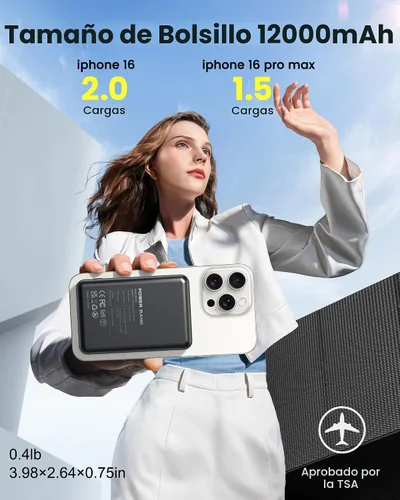 Vista 3 de para Magsafe Paquete de baterías, cargador portátil magnético de 12000 mAh, cargador de energía PD de 22.5 W, carga rápida, USB C entrada y salida