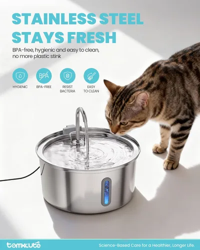 Vista 3 de Fuente de agua para gatos de acero inoxidable, fuente de agua de gran capacidad para beber, fuente de agua de metal ultra silenciosa para gatos