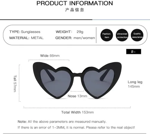 Vista 2 de Piliwl Gafas de sol para mujer, gafas de sol de moda en forma de corazón para mujer, marco grueso, gafas de sol UV400