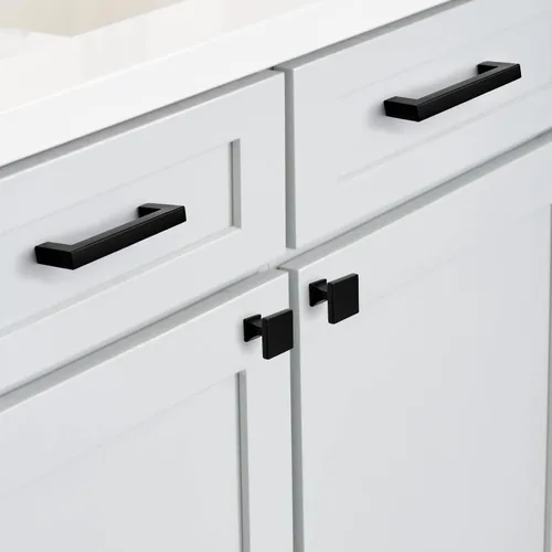 Vista 4 de Homdiy Paquete de 5 tiradores para gabinete color negro mate, manijas de zinc de aleación para cajones y aparadores, accesorios de cocina