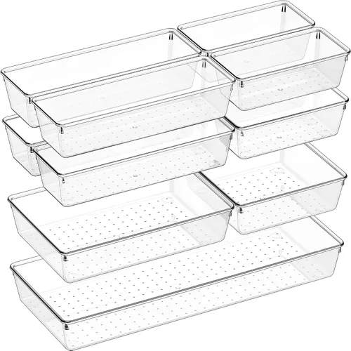 Vista 11 de Criusia - Organizador de cajones, juego de 10 piezas de gran tamaño de plástico transparente, 3 tamaños versátiles, bandejas organizadoras de baño