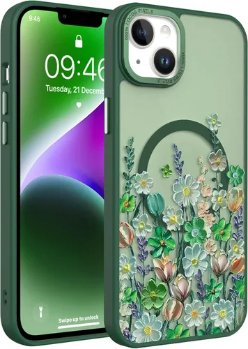 Vista 77 de Magnético para iPhone 13 con protector de pantalla [Compatible con MagSafe] Diseño de patrón floral de flores bonitas, funda delgada a prueba
