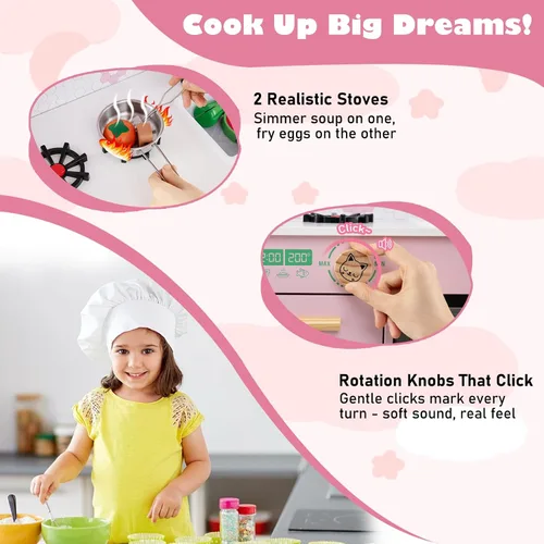 Vista 2 de Costzon Cocina de Juguete para Niños, Juguete de Cocina Montessori Little Chef con 2 Estufas, Perillas Giratorias, Grifo, Fregadero, Lavavajillas, 2