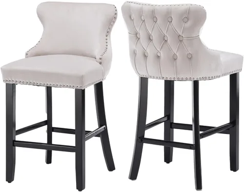 Vista 5 de Taburete de bar con patas de madera, juego de 2, taburete de bar tapizado de altura de mostrador con botón y cabeza de clavo, sillas de bar