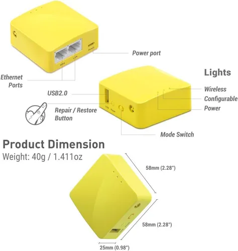 Vista 2 de GL.iNet GL-MT300N-V2 (Mango) Mini Router WiFi VPN de bolsillo inalámbrico portátil - 2 puertos Ethernet USB 2.0 OpenWrt OpenVPN/Wireguard
