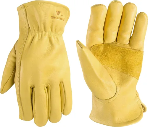 Vista 7 de Wells Lamont Guantes de trabajo de cuero para hombre, piel de vaca, palma reforzada, ideales para construcción, agricultura, ganadería, ajuste Beige