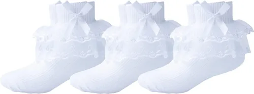 Vista 2 de Twtility Calcetines de encaje con volantes para niñas pequeñas, vestido de princesa, doble encaje de algodón con volantes blancos