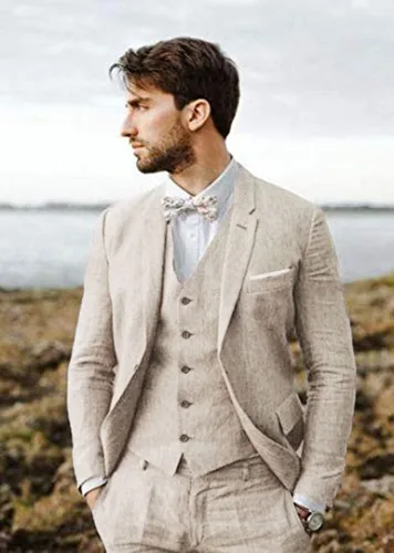 Vista 7 de Furuyal Traje de lino de 3 piezas vintage retro para boda, trajes de graduación, chaqueta ajustada, chaqueta de esmoquin para novio
