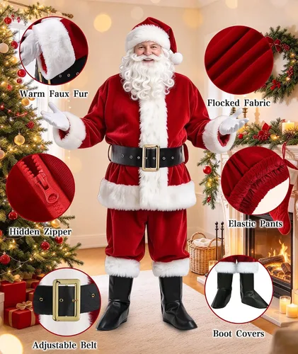Vista 3 de Conjunto de 9 piezas de disfraz de Papá Noel para hombre Rojo vino